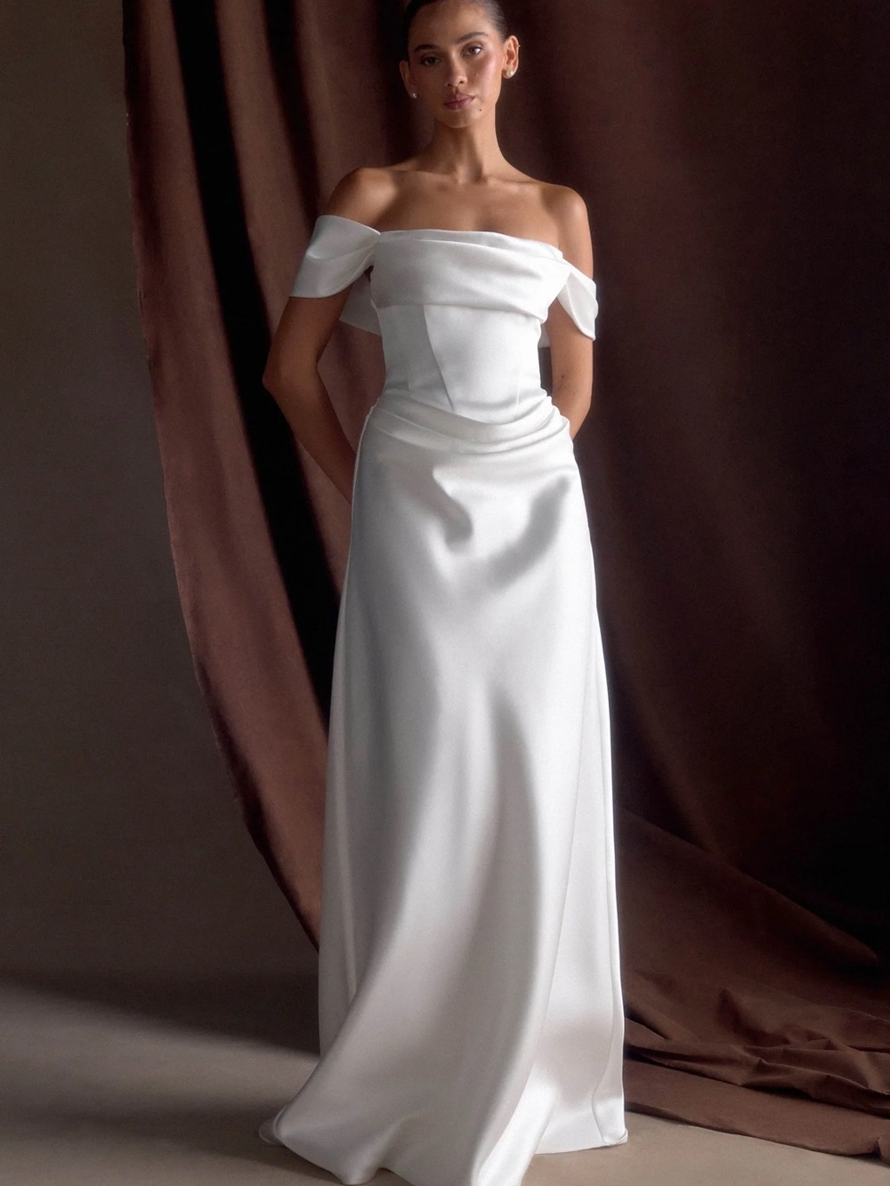 Luna Meshki White Strapless Off-Shoulder Evening Gown satin